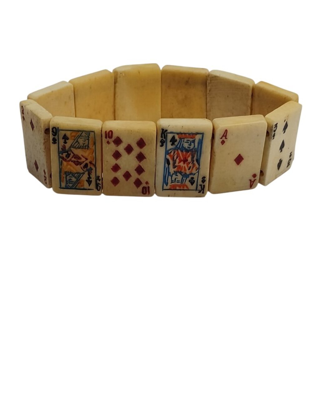 Vintage Hand-Carved Bovine Bone Playing Cards Stretch Bracelet 1950's Jewelry